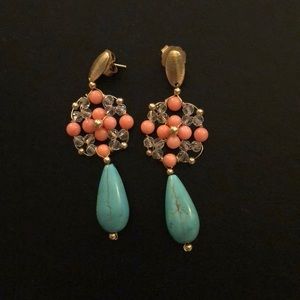 Coral, turquoise and Swarovski Earrings